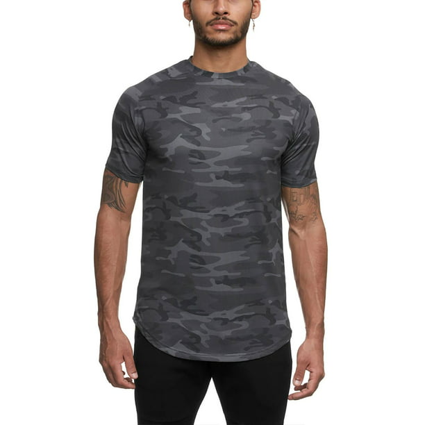 Mens Cool fit Long Sleeve Camo Compression Shirt for Workouts Grey Black 